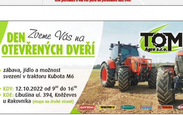 Den otevřených dveří u TOM AGRO s.r.o. se blíží